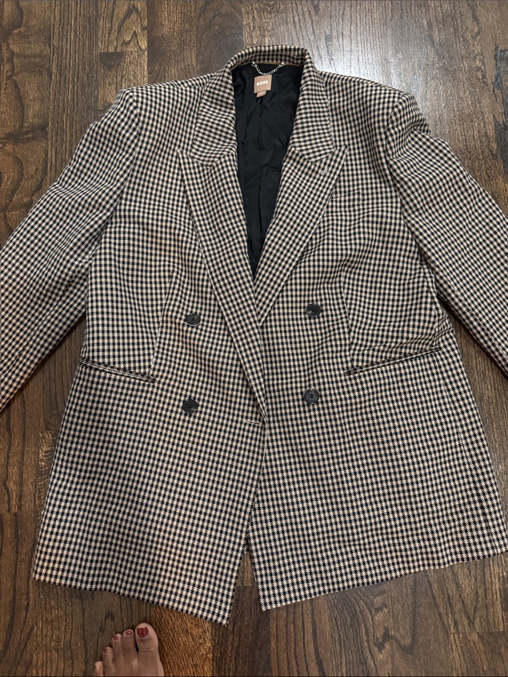 Boss Double-Breasted Houndstooth Blazer in Black and Brown